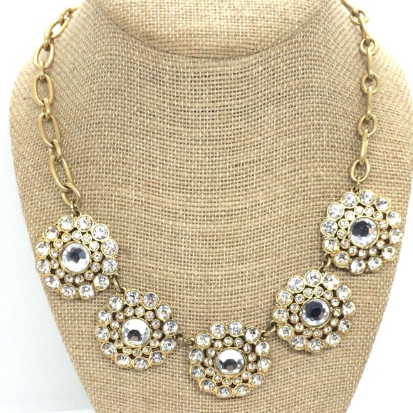 J. Crew Jewelry - J. CREW RHINESTONE RHINESTONE STATEMENT BRASS NECKLACE CIRCLES FLOWERS GOLD TONE